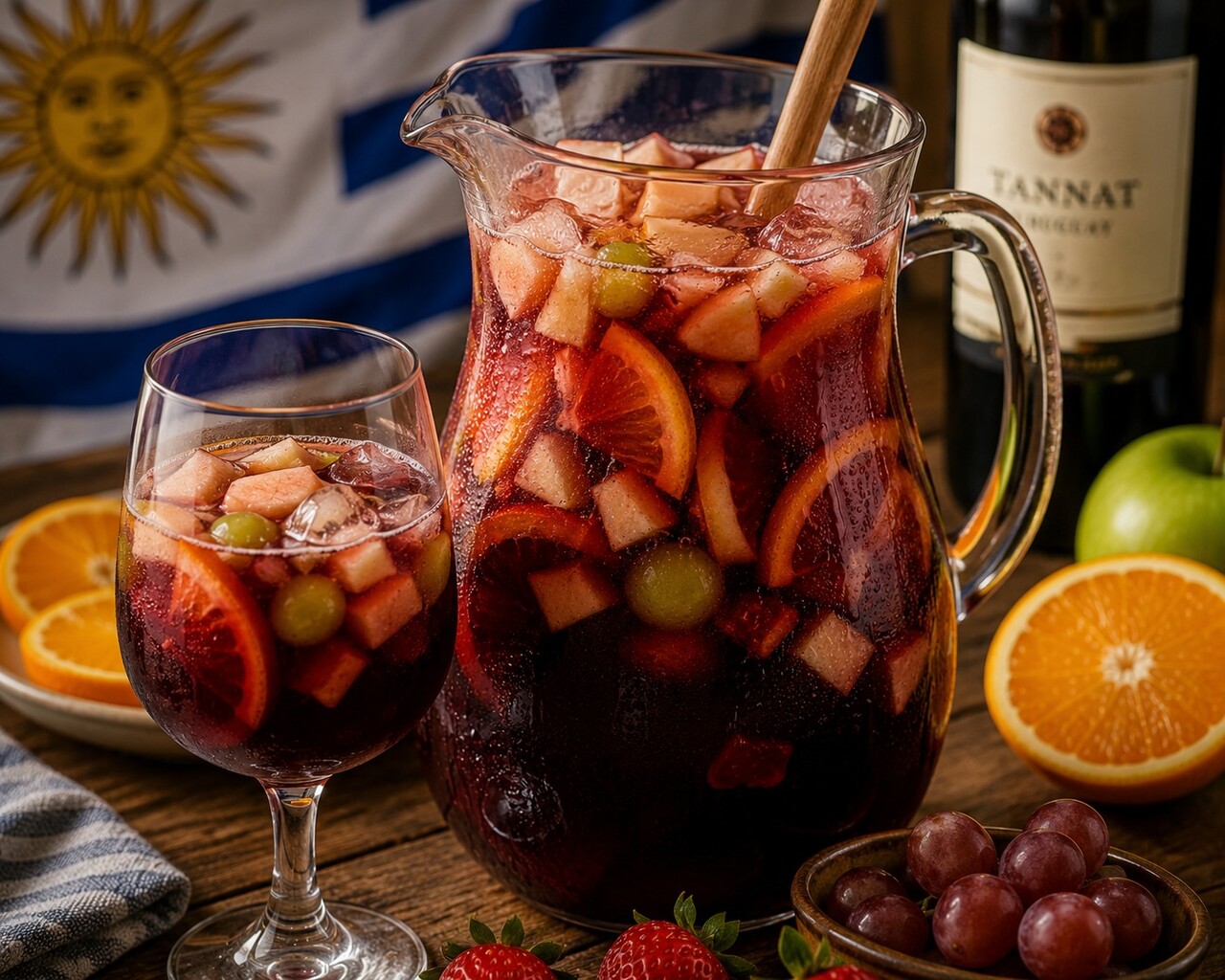 Você já ouviu falar do clericot? O clericot é uma bebida refrescante bastante tradicional no Uruguai, especialmente durante os meses mais quentes do ano. Servido gelado, ele costuma aparecer em reuniões familiares, festas de verão e celebrações de fim de ano. Uma espécie de ponche, a receita geralmente leva frutas frescas picadas e vinho branco, rosé ou espumante. Entre as frutas mais comuns estão maçã, abacaxi, morango, pêssego, uva e laranja. Algumas versões também acrescentam licor, suco cítr -  (crédito: imagem gerada por i.a )