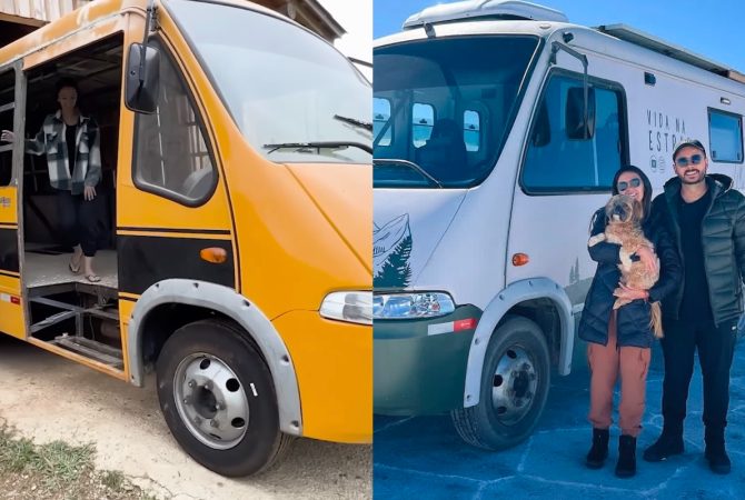 Casal brasileiro transforma ônibus escolar em casa completa após 14 meses de trabalho
