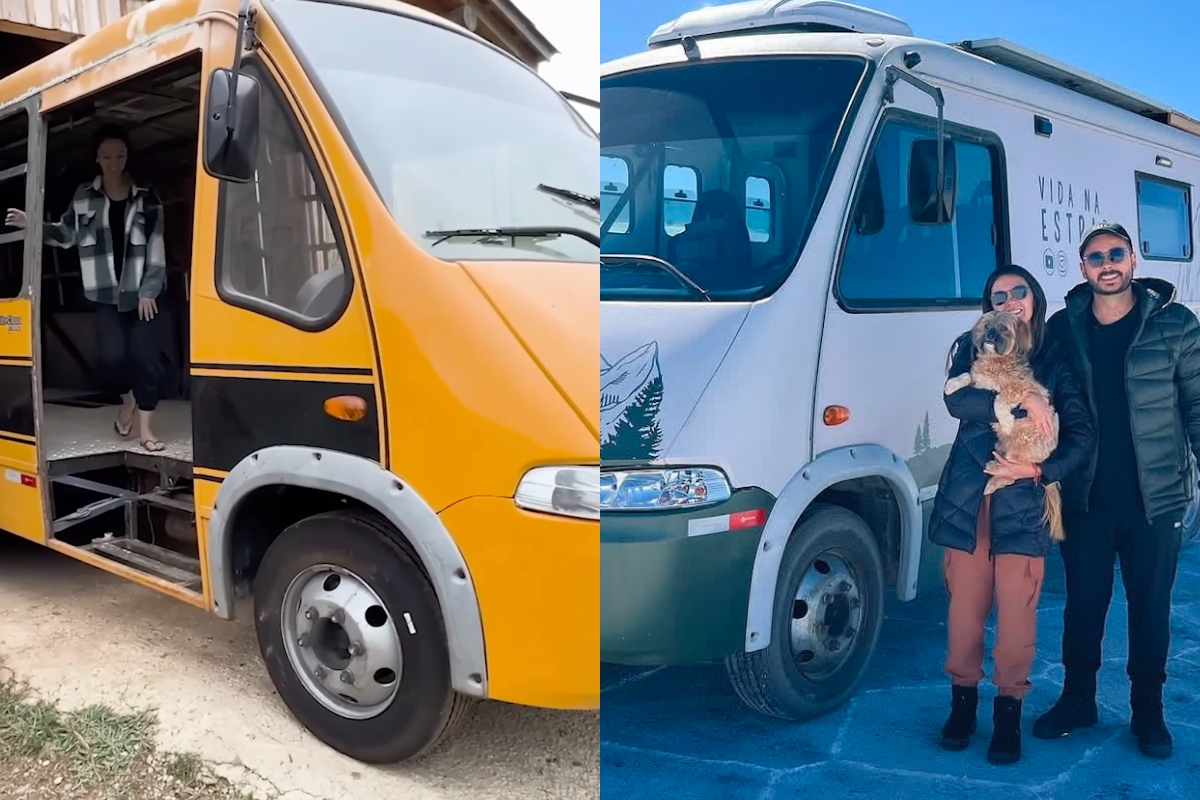 Casal brasileiro compra ônibus escolar de 6,5 m e transforma em casa com isolamento térmico, energia solar e deck – Montagem/Reprodução Vida na Estrada