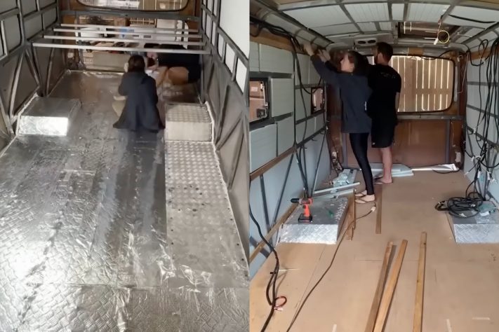 Casal brasileiro compra ônibus escolar de 6,5 m e transforma em casa com isolamento térmico, energia solar e deck – Montagem/Reprodução YouTube Vida na Estrada