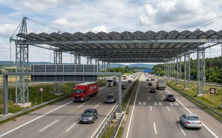 Na Alemanha, projeto aproveita espaço acima das estradas para gerar energia com painéis solares suspensos – Imagem gerada por IA