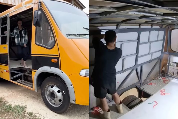 Casal brasileiro compra ônibus escolar de 6,5 m e transforma em casa com isolamento térmico, energia solar e deck – Montagem/Reprodução