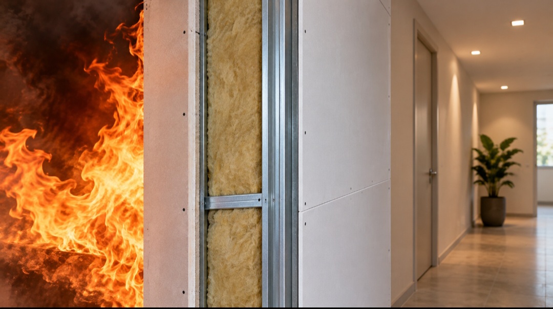A segurança contra incêndios é uma característica técnica de extremo interesse público devido à alta concentração de água cristalizada presente na composição química do mineral. O calor de um eventual sinistro faz com que o material libere vapor d'água em um processo que retarda propagação das chamas. Painéis especiais do tipo corta-fogo resistem a temperaturas altíssimas por várias horas seguidas.