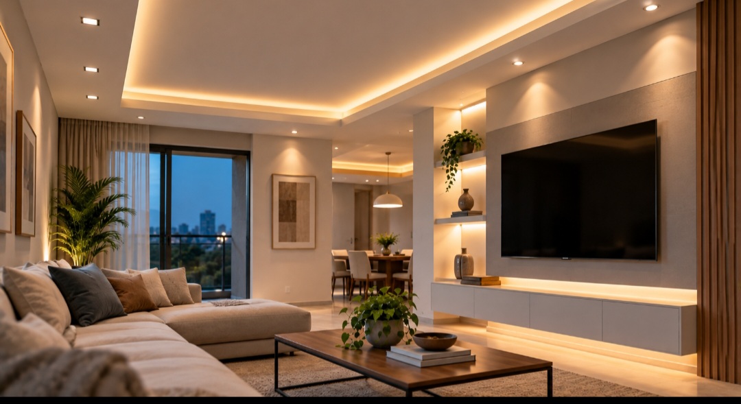 Forros e sancas de gesso permitem integrar spots, luminárias embutidas e sistemas de iluminação indireta ao projeto. A possibilidade de criar diferentes níveis e recortes ajuda a distribuir melhor os pontos de luz. O recurso também valoriza móveis, objetos decorativos e detalhes arquitetônicos.