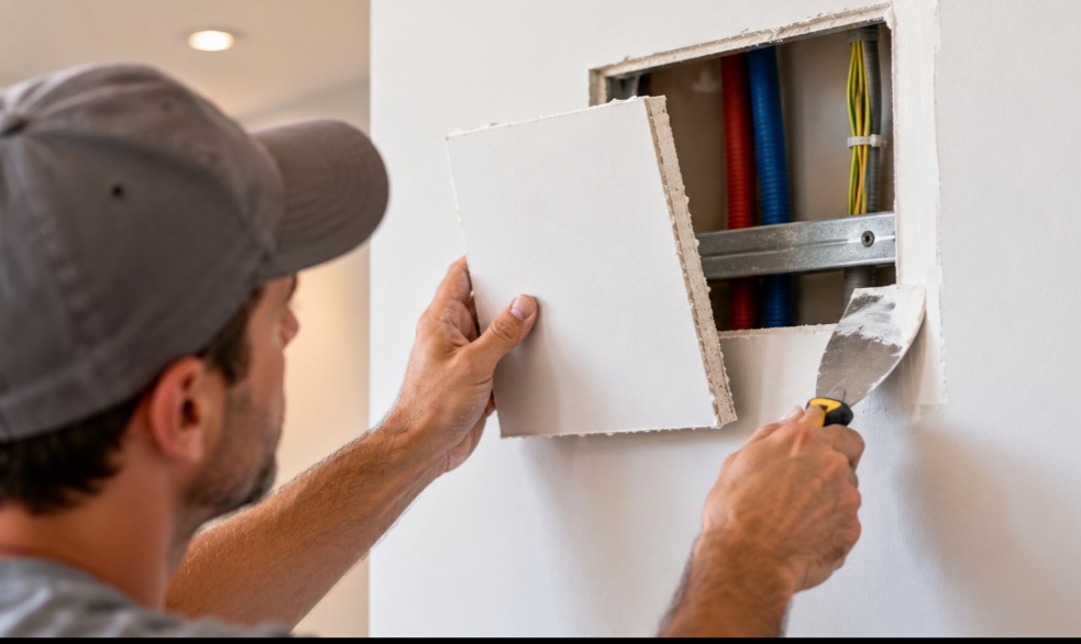 Paredes e forros de gesso facilitam reparos localizados quando é necessário acessar tubulações, fios ou instalações internas. Partes danificadas podem ser recortadas e substituídas sem demolir grandes áreas. Depois do acabamento, a intervenção tende a ficar praticamente imperceptível.
