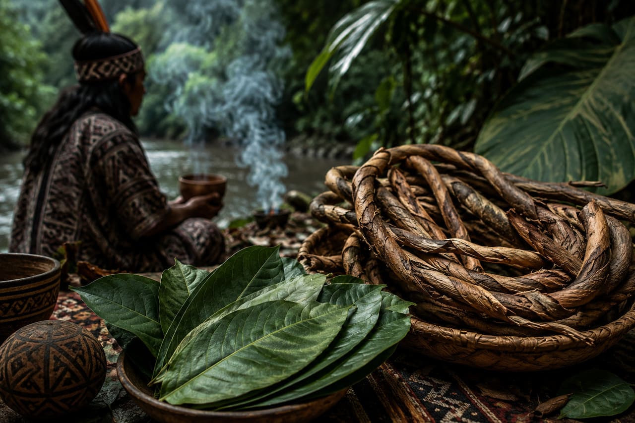 O cipó Banisteriopsis caapi e a folha de chacrona são plantas amazônicas consideradas sagradas por diversos povos indígenas. Juntas, elas formam a base de rituais espirituais que promovem visões e conexão com o mundo espiritual, sendo vistas como ferramentas de cura e autoconhecimento. A bebida ayahuasca nasce da união dessas plantas, mas sua sacralidade está na própria natureza delas, que simbolizam a força da floresta e a sabedoria transmitida pela terra.