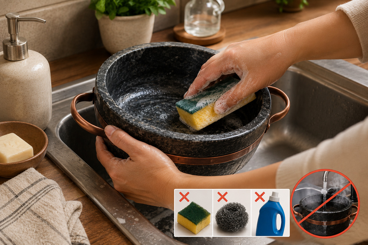 A lavagem de panelas e fôrmas exige apenas água morna e sabão neutro aplicados com o lado macio da esponja para não arranhar a superfície. Evitar o uso de produtos químicos abrasivos, lã de aço e detergentes potentes preserva a película protetora obtida na cura inicial. O choque térmico causado por água fria em uma peça ainda quente representa o maior perigo de quebra e deve ser totalmente evitado para garantir a longevidade.