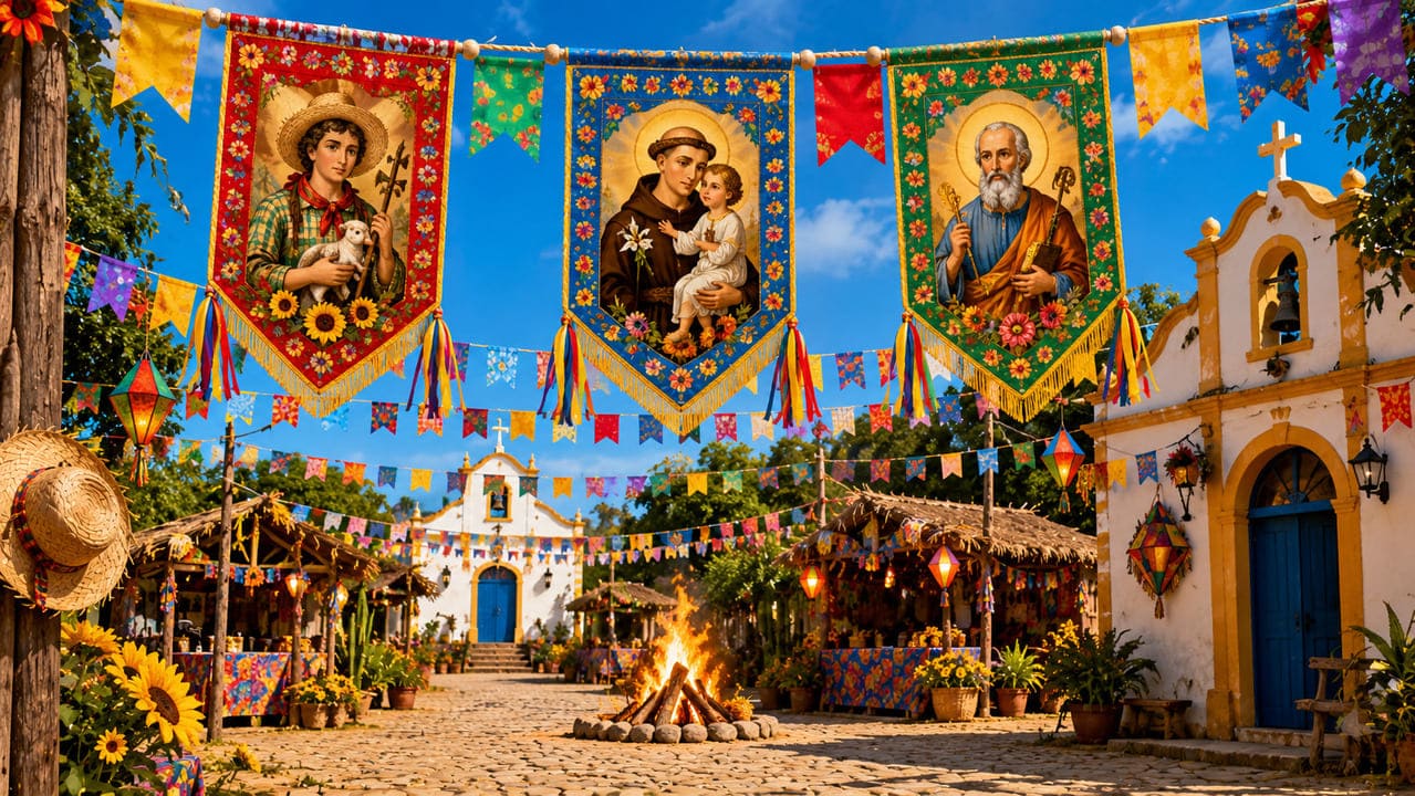 As bandeiras que homenageiam santos como São João, Santo Antônio e São Pedro são elementos religiosos presentes na festa. Sua origem, portanto, vem das tradições católicas, que associaram a celebração junina às datas desses santos. Nas festas, inclusive, elas reforçam a espiritualidade e a devoção que se misturam à alegria popular.