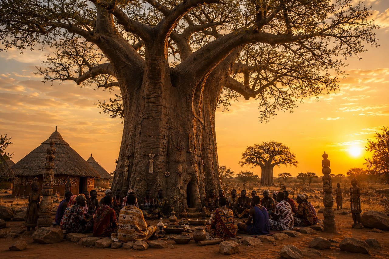 O baobá, árvore monumental da África, é considerado sagrado por diversas comunidades que o veem como símbolo de vida e resistência. Suas raízes profundas e tronco imenso guardam água, tornando-o fonte de sobrevivência em regiões áridas. Além de sua função vital, é reverenciado como árvore ancestral, guardiã de histórias e tradições espirituais que conectam gerações.