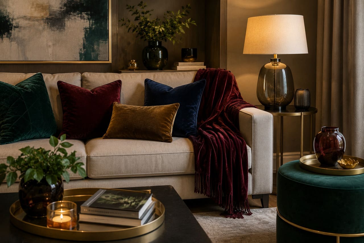 O veludo também é bastante utilizado em estofados. Sofás, poltronas, cadeiras e cabeceiras revestidos com o material ajudam a criar ambientes elegantes e acolhedores. Além do aspecto visual marcante, o tecido oferece toque agradável, valorizando a experiência de uso dos móveis.