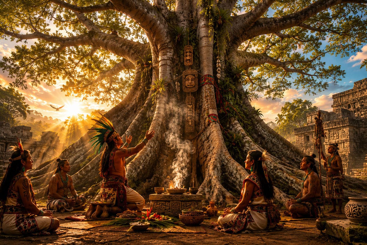 A ceiba, árvore majestosa da América Central, é considerada sagrada por povos maias. Representa o eixo do mundo, conectando céu, terra e submundo. Sua imponência simboliza proteção e equilíbrio, sendo reverenciada como guardiã espiritual das comunidades e inspirando mitos que reforçam a ligação entre natureza e cosmos.