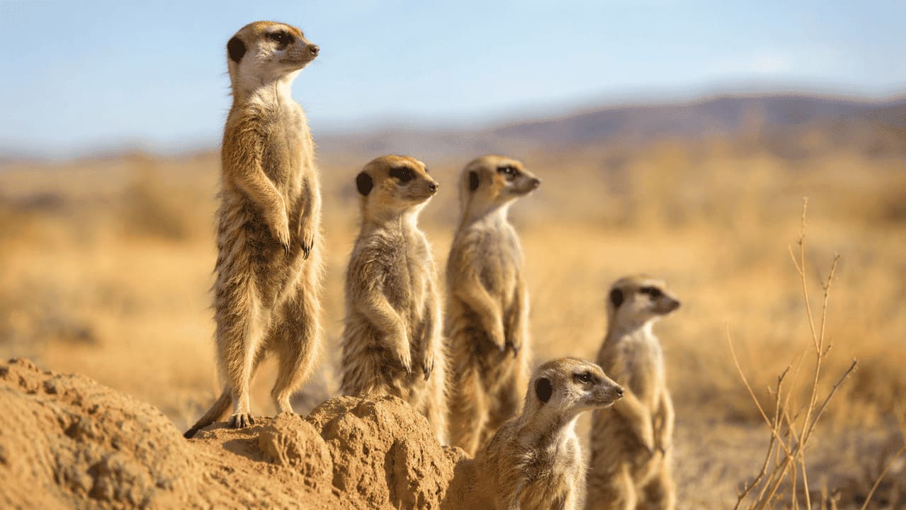 Suricato
Os suricatos vivem em grupos e frequentemente ficam erguidos para vigiar possíveis ameaças. Enquanto alguns procuram alimento, outros atuam como sentinelas observando o horizonte.