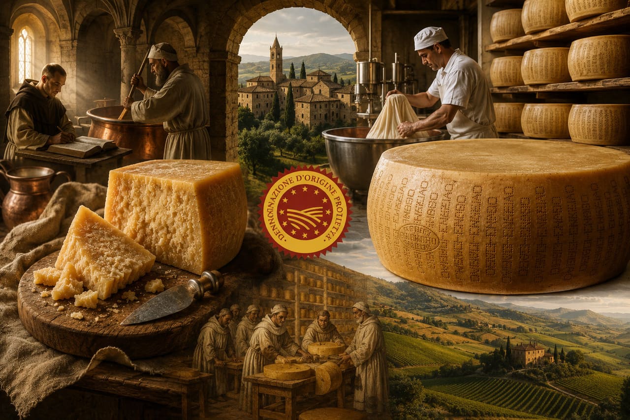 O Parmigiano Reggiano tem origem na Idade Média, quando monges beneditinos e cistercienses começaram a produzir queijos duráveis a partir do leite abundante da região, criando um produto capaz de resistir ao tempo. Assim,, consolidou-se como referência de qualidade e autenticidade, tornando-se parte da identidade cultural e econômica da Emilia-Romagna. Reconhecido oficialmente como Denominação de Origem Protegida (DOP), o queijo é hoje símbolo da tradição italiana e da resistência de práticas ar
