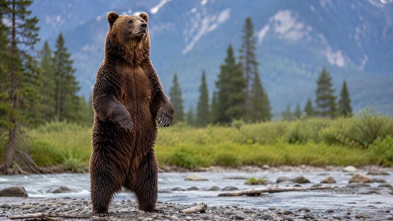 Urso
Embora sejam animais pesados, muitos ursos conseguem se equilibrar nas patas traseiras por alguns instantes. Isso normalmente acontece para observar melhor algo ou alcançar alimento.
