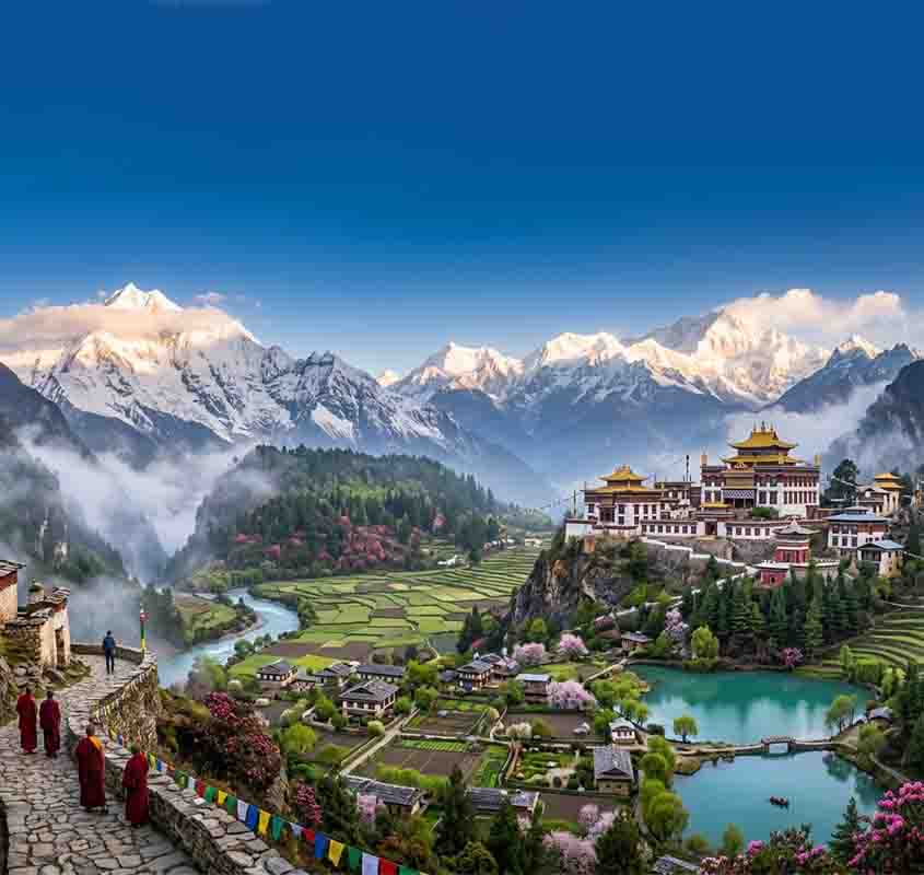 Shangri-La, Lugar fictício nas montanhas Kunlun, no Tibete. - Imagem Gerada através de aplicativo de Inteligência Aritificial