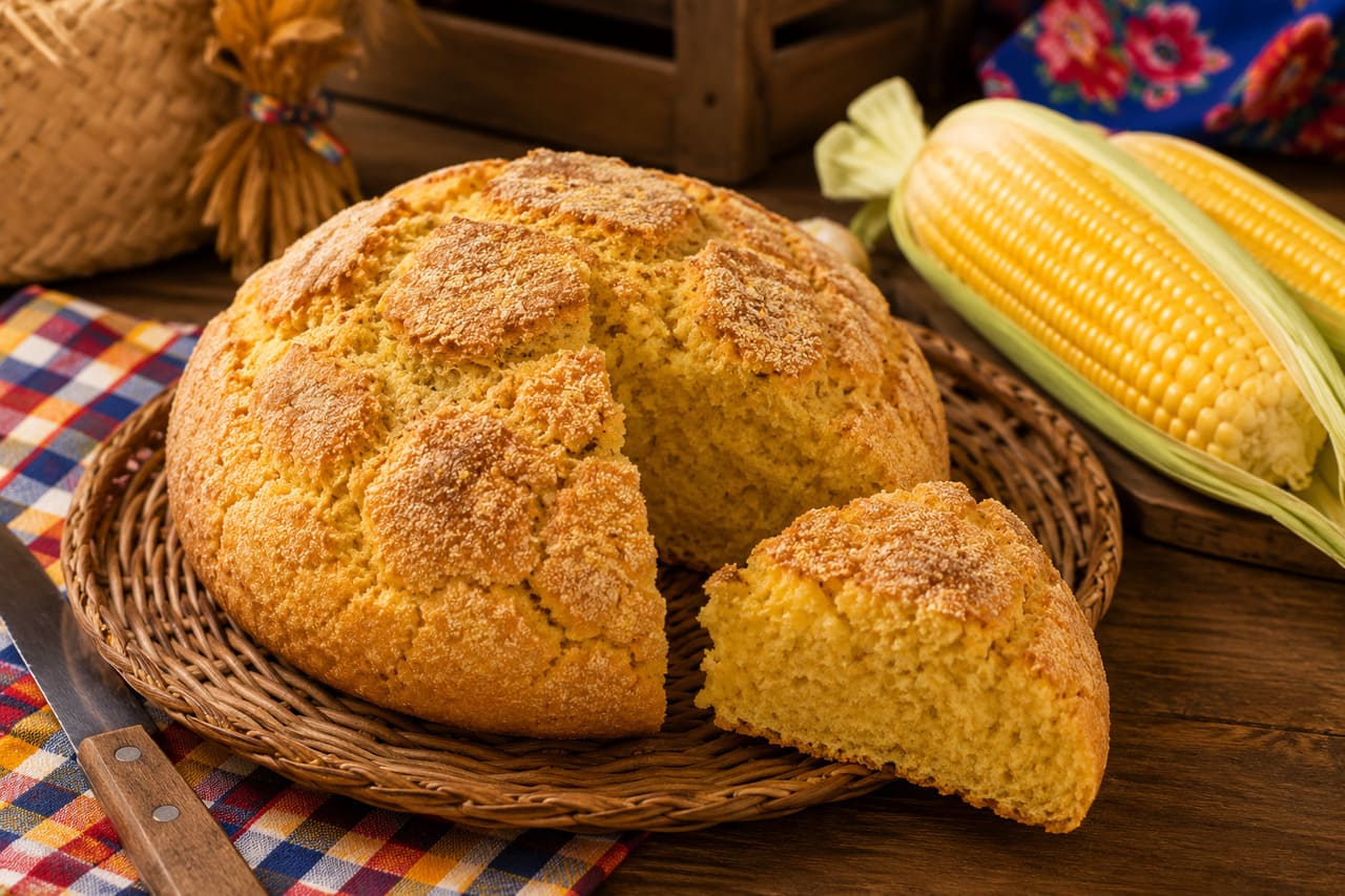 A broa de milho é um biscoito macio preparado com fubá, açúcar e erva-doce, trazendo aroma e sabor característicos. Nas quermesses, é vendida em saquinhos ou porções individuais, sendo prática e acessível ao público. É um doce que remete ao interior, reforçando a simplicidade e autenticidade da culinária caipira.