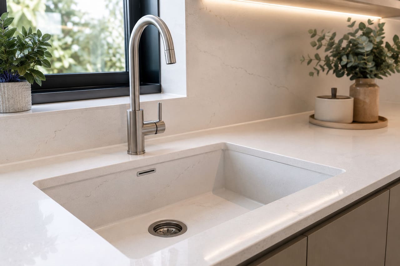 Quartzo
O quartzo é um dos materiais mais valorizados atualmente para bancadas e pias. Sua superfície pouco porosa dificulta a absorção de líquidos e ajuda a reduzir o surgimento de manchas, além de oferecer aparência elegante e moderna.