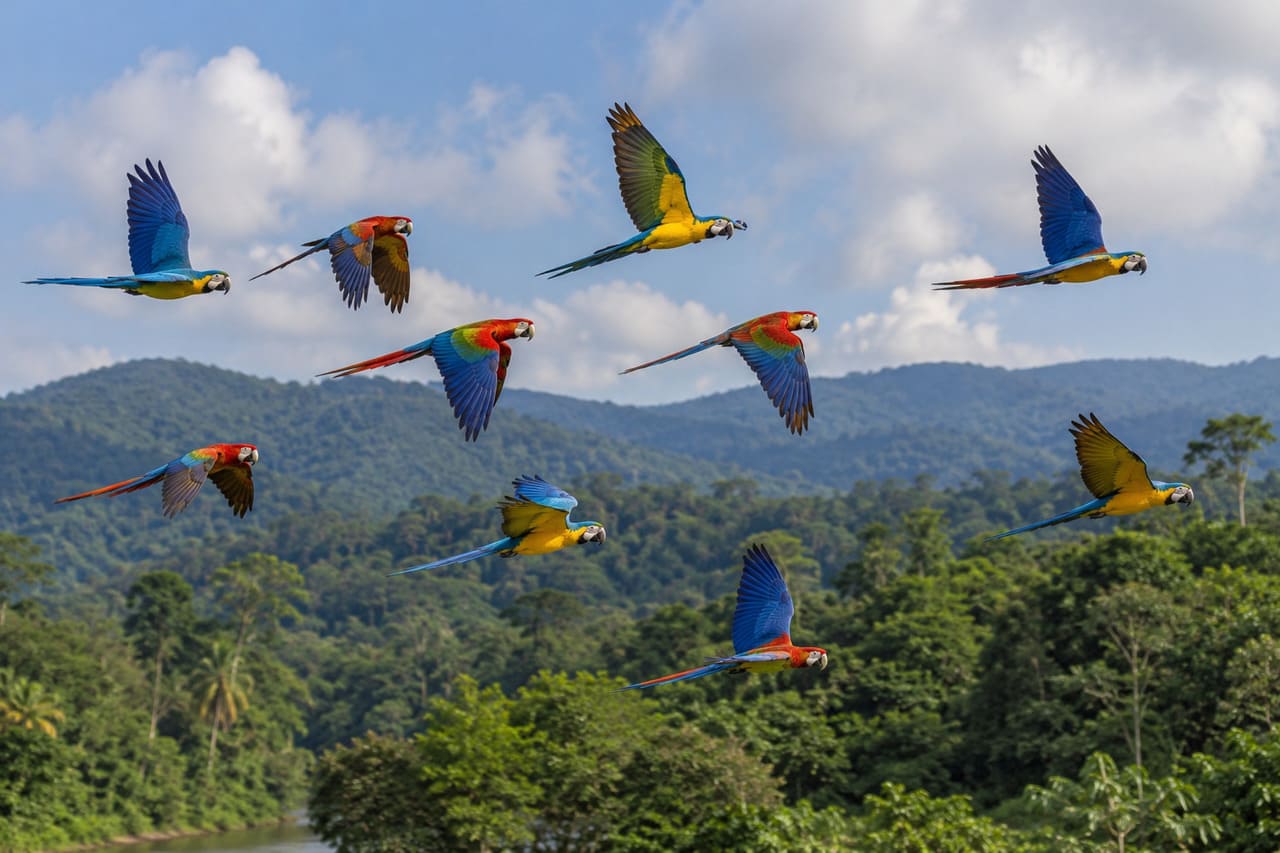 Os papagaios também apresentam forte comportamento social e costumam voar em bandos. Em áreas de floresta, os grupos fazem bastante barulho e ajudam uns aos outros na localização de alimento.