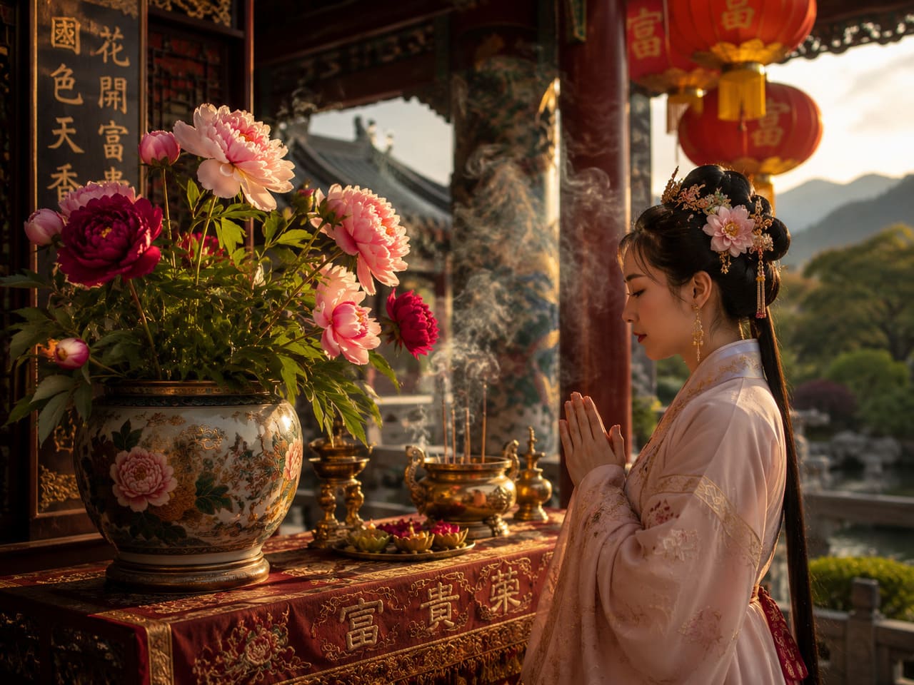 A peônia, planta de flores exuberantes, é reverenciada na China como símbolo de prosperidade, honra e espiritualidade. Suas flores são usadas em celebrações e rituais, representando bênçãos e boa fortuna. Além da beleza, carrega significado profundo de respeito às forças da natureza e ao sagrado, sendo também inspiração para poesia, pintura e tradições culturais milenares.