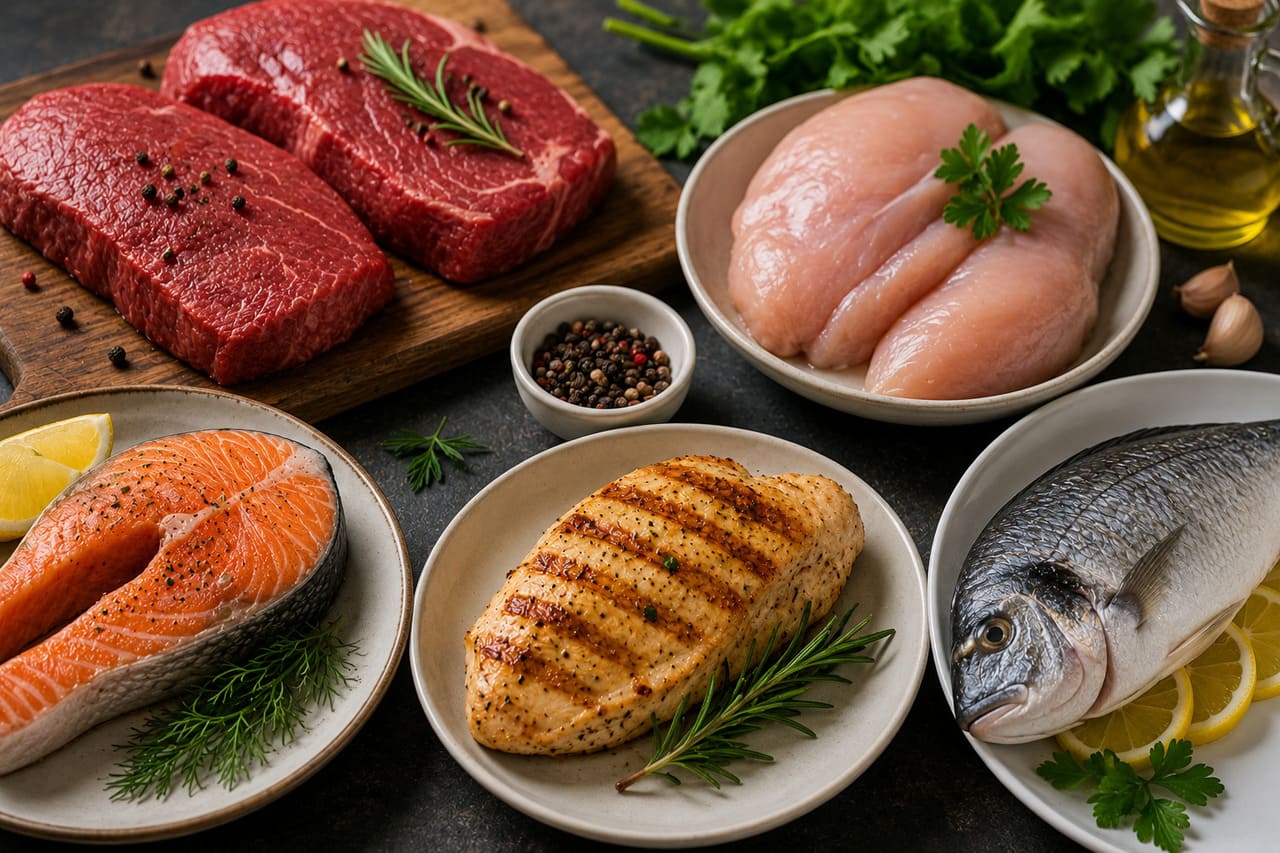Carnes, aves e peixes também fazem parte da base desse padrão alimentar. Além de praticamente não conterem carboidratos, são fontes importantes de proteínas, ferro, zinco e outros nutrientes essenciais para a manutenção da massa muscular e do organismo.