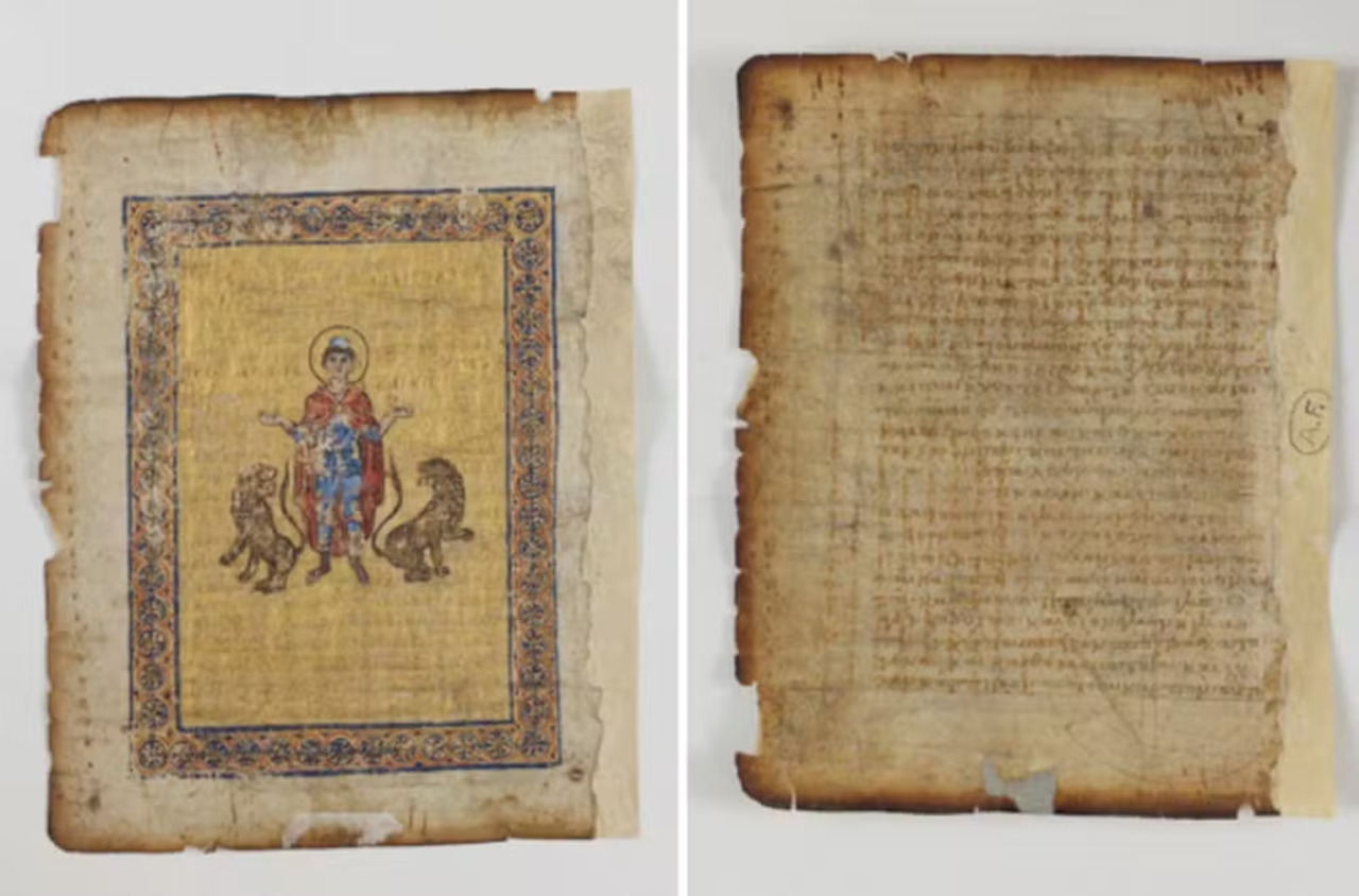 Veja como ela é . A página redescoberta do Palimpsesto de Arquimedes traz, à esquerda, uma iluminura do profeta Daniel e, à direita, o verso do fólio com a escrita quase apagada de Arquimedes ainda visível .