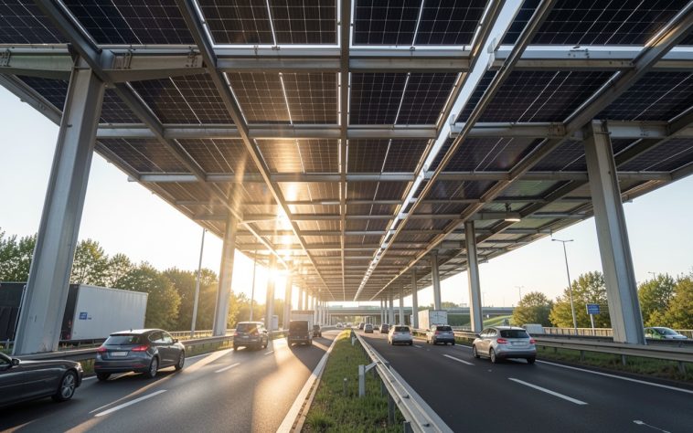 Na Alemanha, projeto aproveita espaço acima das estradas para gerar energia com painéis solares suspensos – Imagem gerada por IA