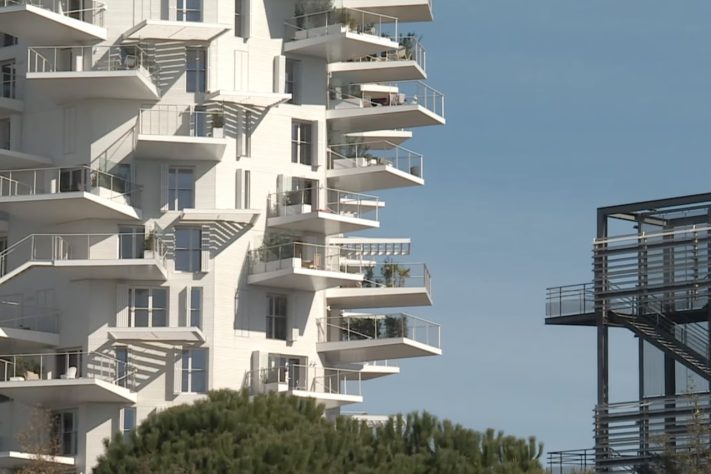 Prédio que simula uma árvore branca tem varandas que avançam até 7,5 metros em Montpellier, no sul da França – Reprodução/YouTube France 3 Occitanie