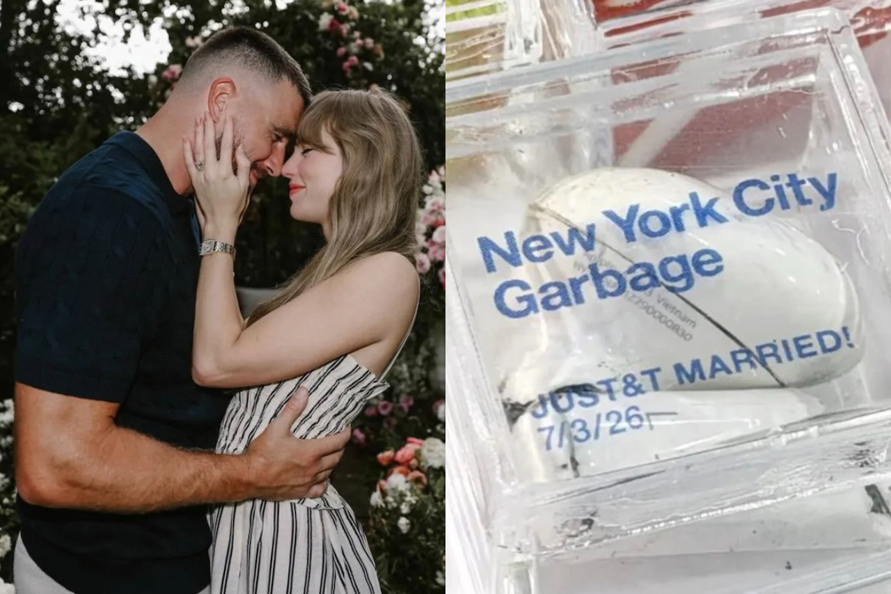 Artista lucra ao vender lixo recolhido do casamento de Taylor Swift e Travis Kelce por até R$ 130 – Divulgação/Reprodução