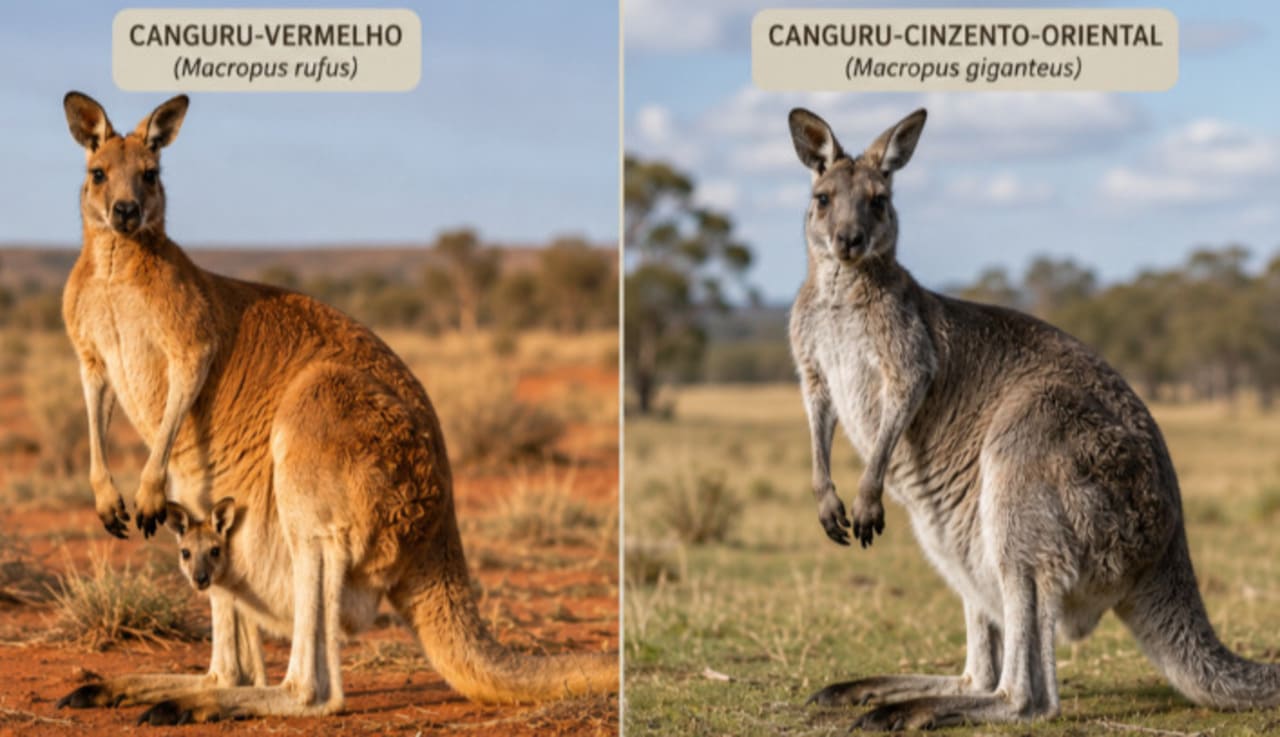 Os cangurus também reúnem diferentes espécies, com variações de tamanho, pelagem e comportamento. Entre os mais famosos estão o canguru-vermelho, o canguru-cinzento-oriental e o canguru-cinzento-ocidental, todos adaptados a diferentes ambientes da Austrália.