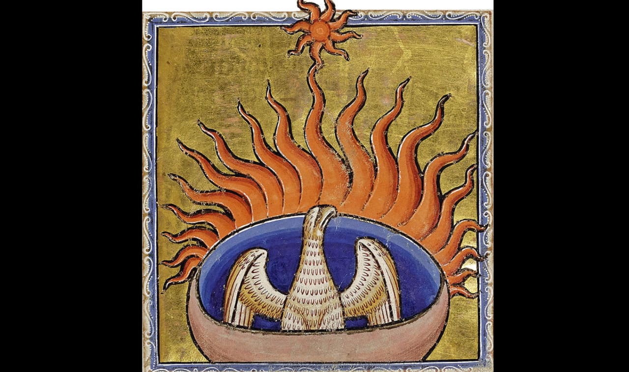A fênix é uma ave mítica que tem origem egípcia e grega.  Ela é associada ao fogo, ao sol e ao ciclo de morte e renascimento. Sua imagem remete à beleza, poder e imortalidade. No Egito, era chamada Bennu e ligada ao deus Rá. Já na Grécia, passou a ser a ave que renasce das próprias cinzas após ser consumida pelas chamas. -  (crédito: domínio público)