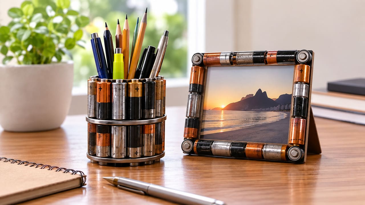 O reaproveitamento para artesanato só deve ser feito com pilhas descarregadas e em bom estado, sem vazamentos ou danos. Com criatividade, elas podem ser transformadas em porta-lápis, porta-retratos, esculturas decorativas e outras peças de estilo industrial.