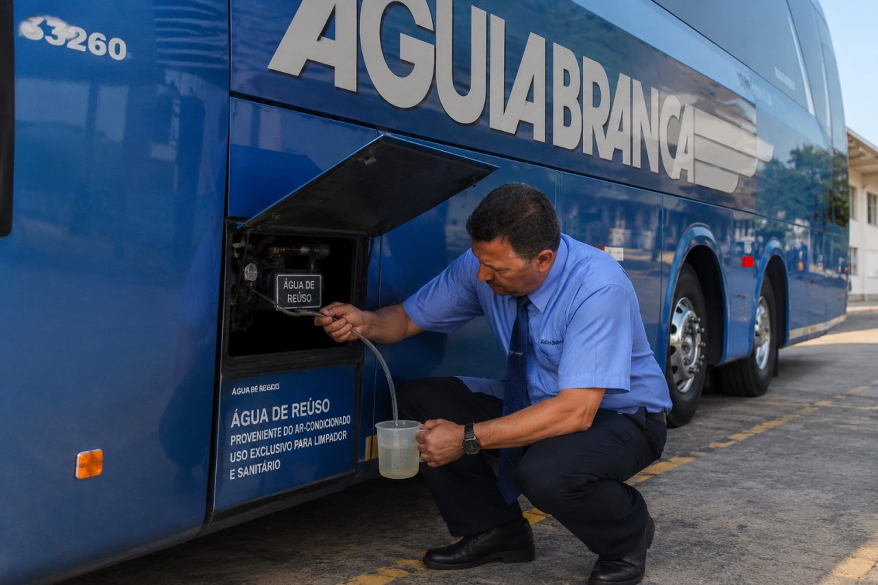 Uma ideia surgida durante a rotina de trabalho de um motorista brasileiro transformou o desperdício de água em uma solução sustentável para o transporte rodoviário. O resultado foi que a Viação Águia Branca passou a aproveitar a água produzida pelo sistema de ar-condicionado de seus ônibus para abastecer o reservatório do limpador de para-brisa e os sanitários utilizados em viagens longas. -  (crédito: Imagem gerada por IA)
