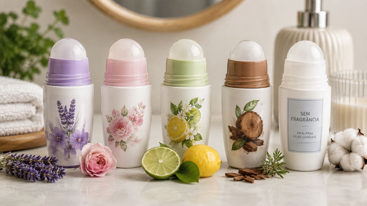 As fragrâncias variam bastante. O mercado oferece opções perfumadas, com aromas florais, cítricos e amadeirados, além de versões sem fragrância. Estas últimas costumam ser escolhidas por pessoas com pele sensível ou que preferem não misturar o cheiro do desodorante ao perfume.