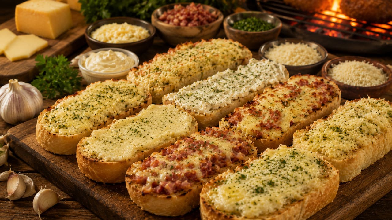 Além de manteiga, alho e ervas, muitas versões incluem requeijão, maionese, muçarela, parmesão, provolone, bacon e outros ingredientes. Cada combinação resulta em sabores e texturas diferentes.