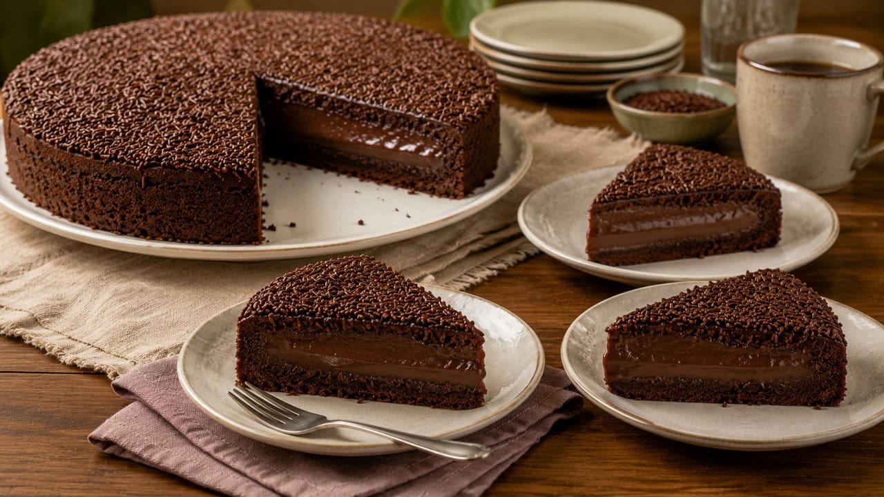 Brigadeiro
Feito com leite condensado, chocolate em pó ou cacau, manteiga e, em algumas versões, creme de leite. Tem textura cremosa e sabor intenso de chocolate, sendo um dos recheios mais tradicionais para bolos.