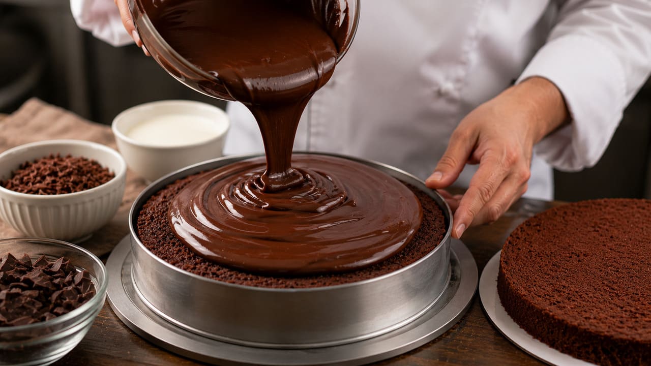 Ganache de chocolate
É uma mistura de chocolate derretido com creme de leite. Dependendo da proporção dos ingredientes, pode ficar mais firme ou mais cremosa, servindo tanto como recheio quanto como cobertura.