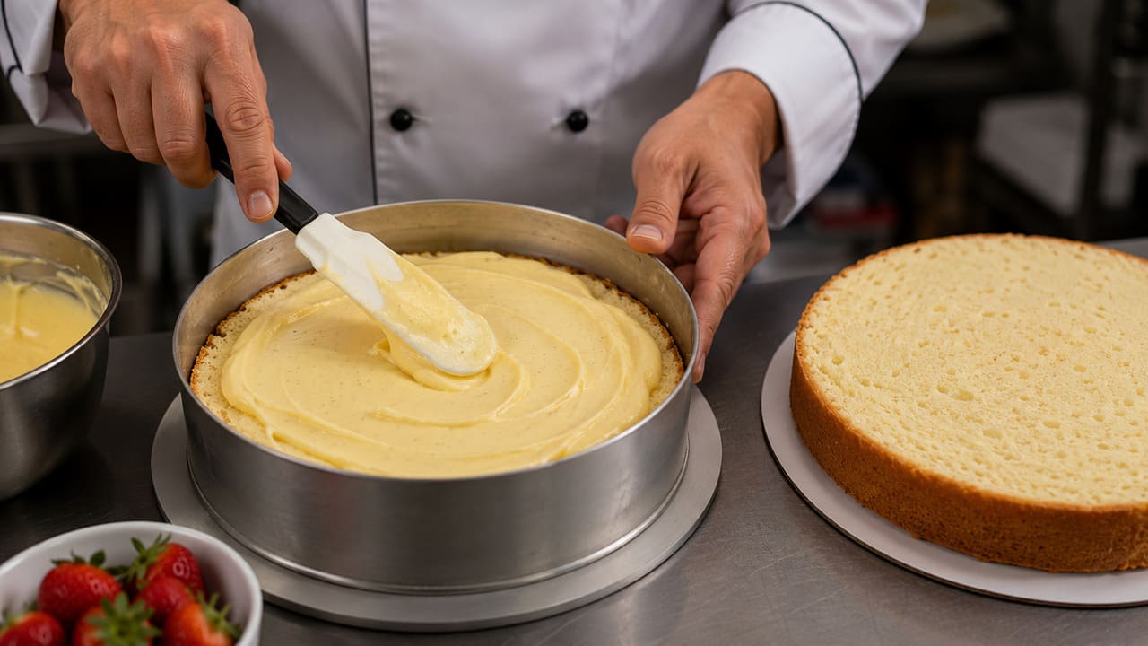 Creme de confeiteiro
Preparado com leite, gemas, açúcar, amido de milho e baunilha. Tem sabor delicado e costuma ser usado com morangos, pêssegos, abacaxi e outras frutas.