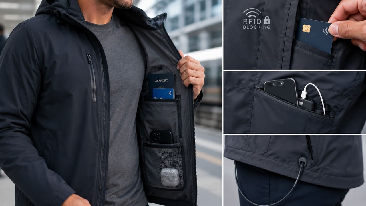 Hoje existem roupas com bolsos protegidos contra leitura não autorizada de cartões por radiofrequência (RFID), além de compartimentos específicos para celulares, fones e baterias portáteis, mostrando que a ideia dos bolsos secretos continua evoluindo.