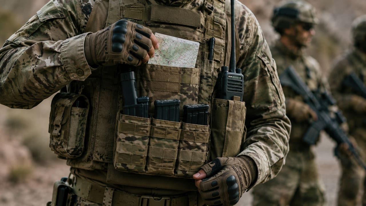 Roupas militares costumam incluir bolsos posicionados para facilitar o acesso rápido a mapas, equipamentos, rádios, cadernos e outros itens essenciais durante operações.