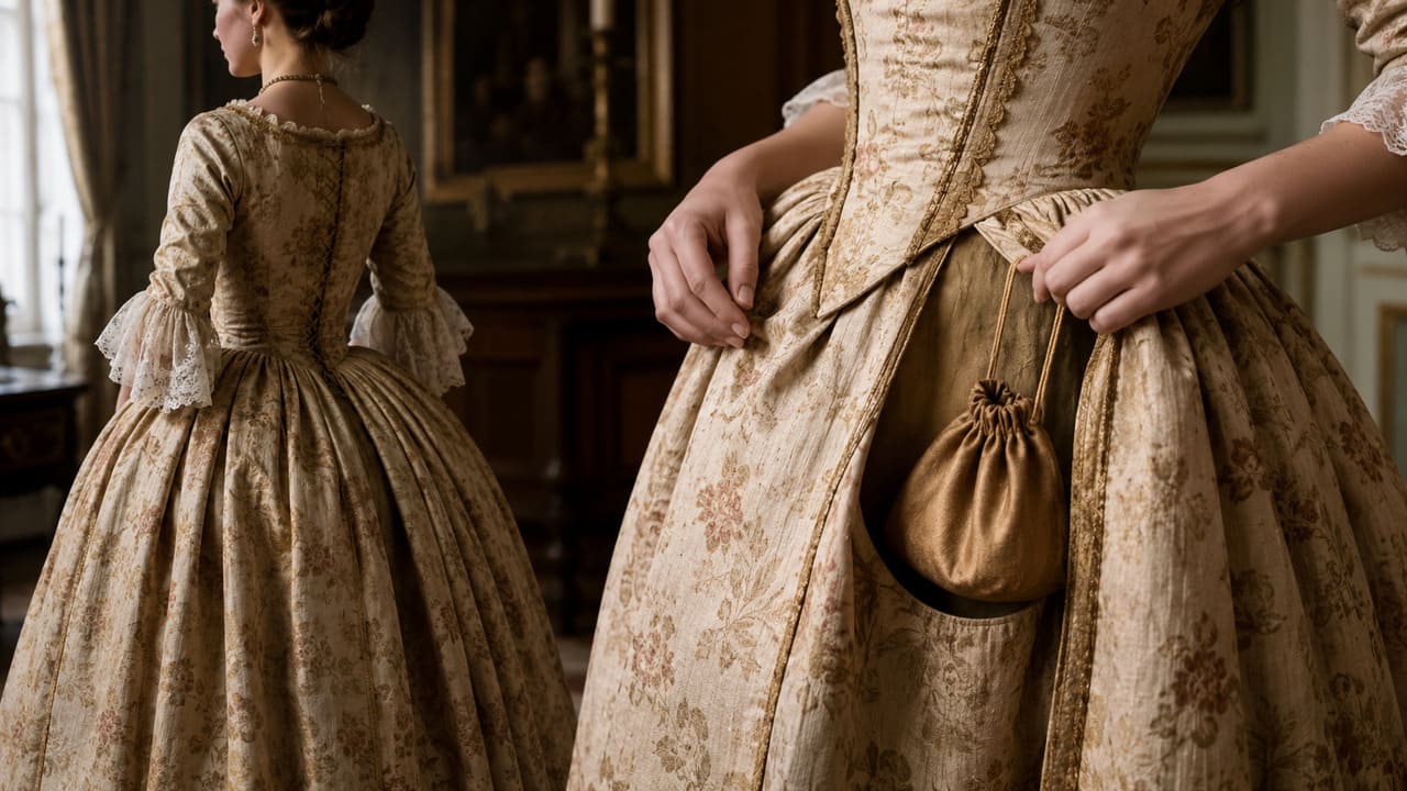 Durante os séculos XVII e XVIII, muitas mulheres usavam bolsos separados presos à cintura, escondidos sob as saias. Eles eram acessados por pequenas aberturas discretas nas laterais da roupa.