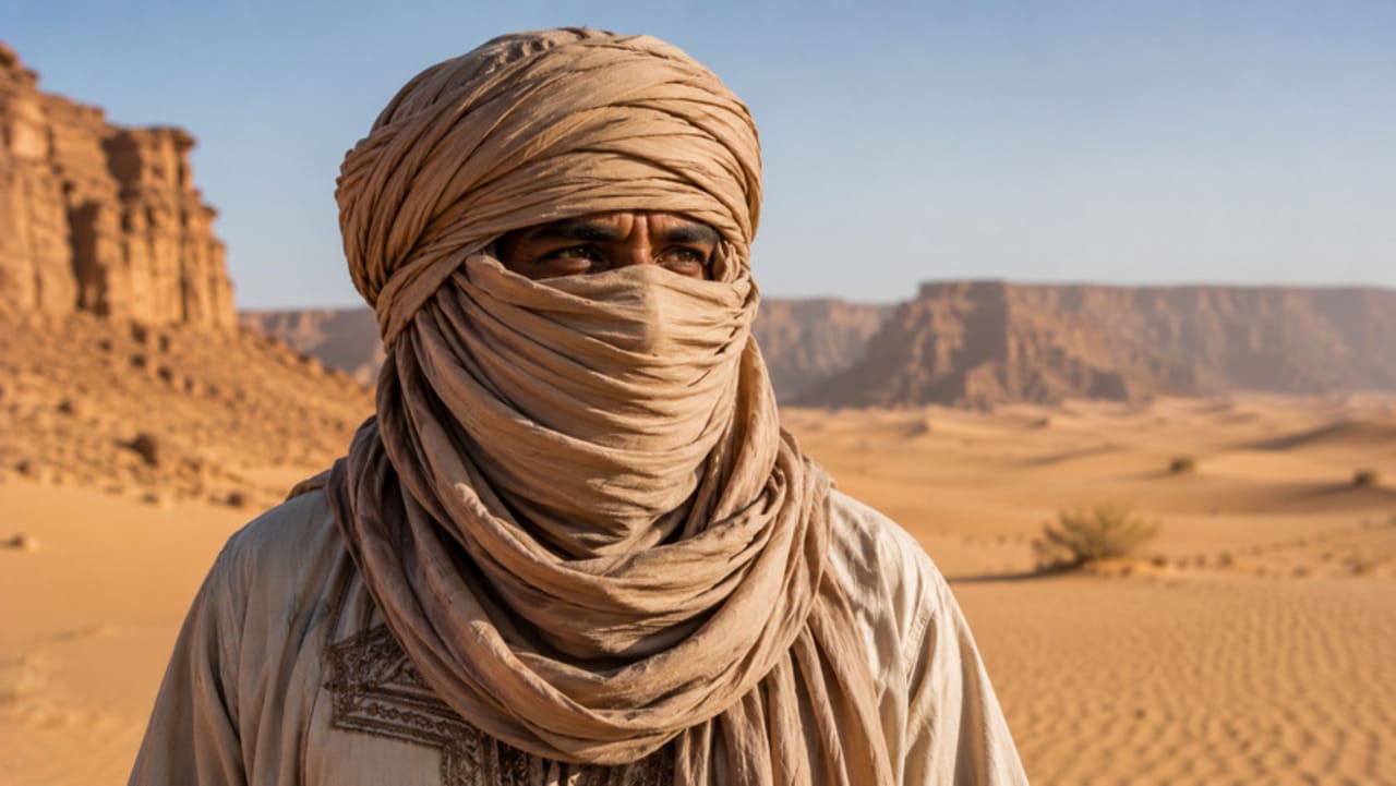 Turbante protege muito mais do que a cabeça
Em áreas desérticas, longos panos enrolados na cabeça podem cobrir também o rosto e o pescoço. Eles ajudam a diminuir a exposição ao Sol, reduzem a entrada de areia e ainda oferecem proteção contra ventos fortes.