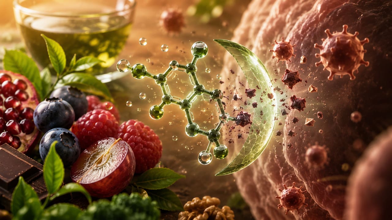 Diversos polifenóis possuem ação antioxidante, ajudando a neutralizar parte dos radicais livres produzidos naturalmente pelo organismo. Seus benefícios, porém, dependem do conjunto da alimentação e dos hábitos de vida, não de um único alimento.