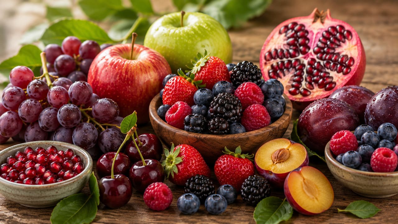 Uvas, maçãs, frutas vermelhas, romã, ameixas, cerejas e diversas outras frutas são ricas em diferentes tipos de polifenóis. Em geral, cascas e sementes concentram quantidades maiores desses compostos do que a polpa.