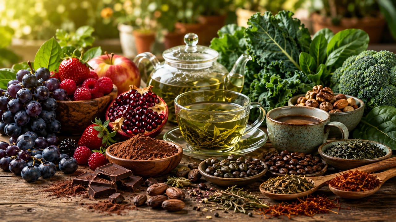 Os polifenóis são compostos naturais produzidos pelas plantas como forma de proteção contra fatores como radiação solar, pragas e doenças. Encontrados em centenas de alimentos de origem vegetal, eles vêm sendo amplamente estudados por seus possíveis efeitos benéficos quando fazem parte de uma alimentação equilibrada. -  (crédito: imagem gerada por i.a )