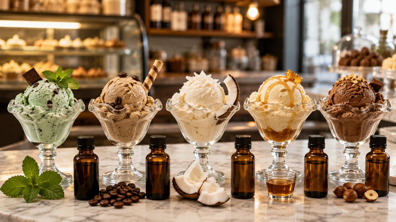 Também existem extratos de hortelã, café, coco, rum, avelã e outras plantas aromáticas. Cada um oferece características próprias e pode ser utilizado para criar diferentes perfis de sabor em chocolates, sorvetes, bebidas, cremes, mousses e diversas receitas de confeitaria.