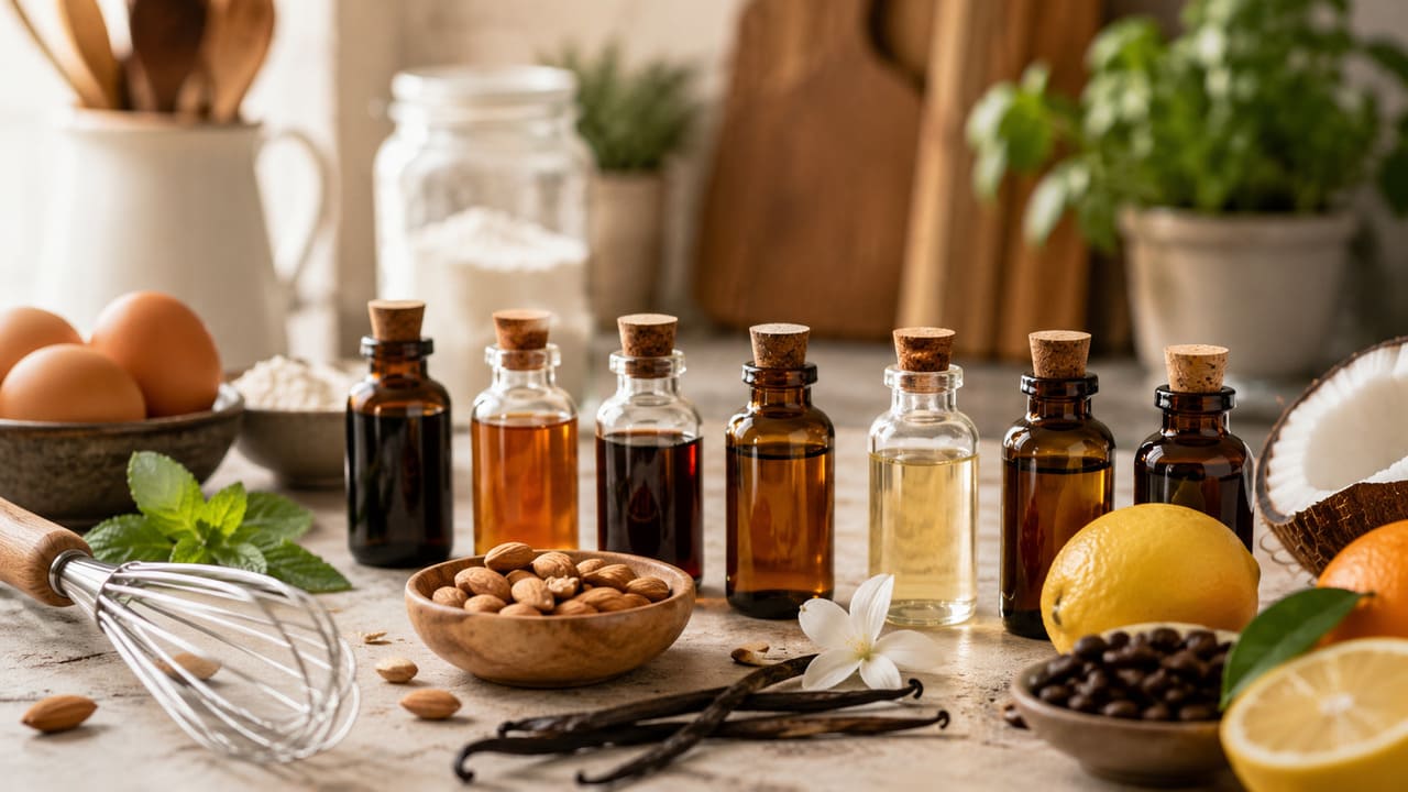 Os extratos culinários são ingredientes concentrados obtidos a partir da extração dos compostos aromáticos naturais de frutas, especiarias, sementes ou ervas. Produzidos principalmente com água e álcool, eles permitem intensificar o sabor das receitas utilizando pequenas quantidades. -  (crédito: imagem gerada por i.a )