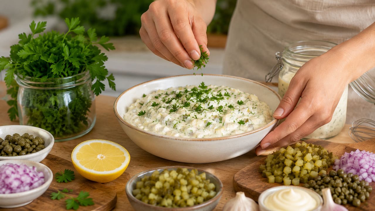 O molho tártaro é um dos acompanhamentos mais tradicionais da culinária, conhecido pela combinação de maionese, picles, alcaparras e ervas que resulta em um sabor cremoso e levemente ácido. Versátil, combina especialmente com peixes, frutos do mar, batatas e sanduíches. Confira algumas dicas. -  (crédito: imagem gerada por i.a )