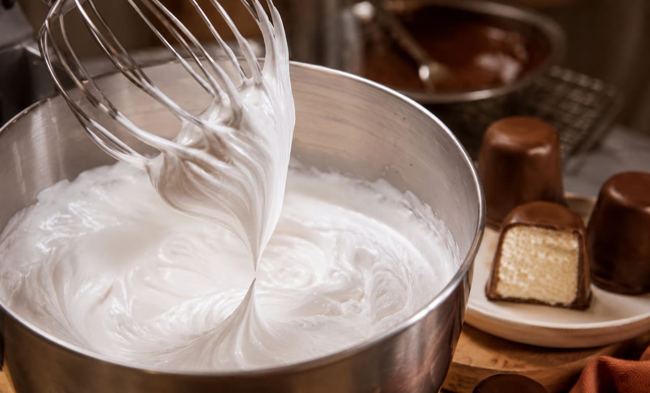 O marshmallow é o grande protagonista. O recheio ganha sua consistência leve graças ao ar incorporado durante o preparo. Esse processo resulta em uma textura aerada, macia e delicada, que contrasta com a casquinha firme de chocolate.