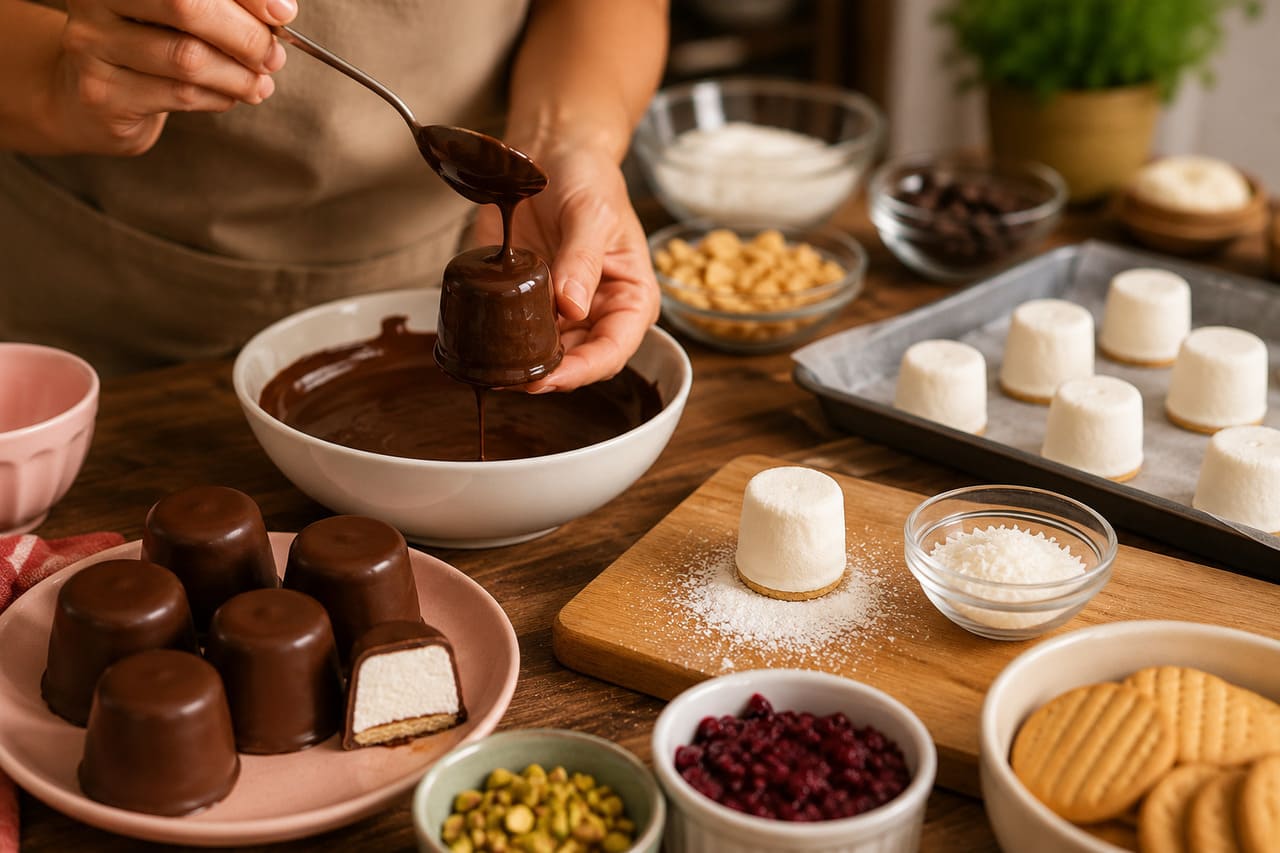 Também pode ser preparada em casa. Receitas caseiras utilizam ingredientes relativamente simples para produzir o marshmallow, que depois é coberto com chocolate. Com criatividade, é possível adaptar sabores e formatos para diferentes ocasiões.