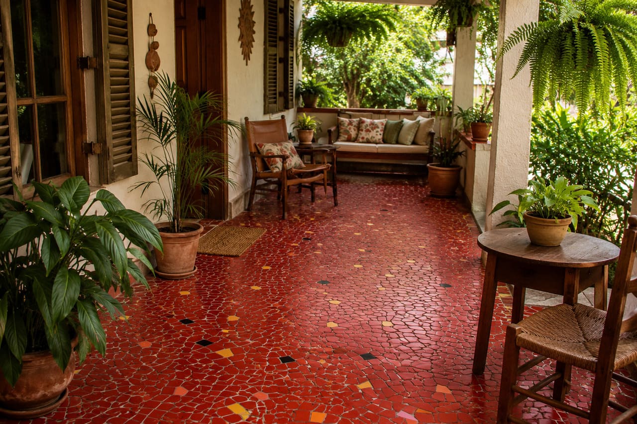 Entre os modelos mais tradicionais de piso de caquinhos, o avermelhado foi um dos mais difundidos em casas brasileiras. Sua tonalidade quente marcou quintais, varandas, cozinhas e áreas externas por décadas. Até hoje, esse revestimento é lembrado pelo visual característico e pela durabilidade.